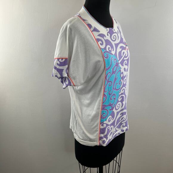 VINTAGE Le Coq Sportif White Blue Top Cotton Geometric Crew Pullover Sz Small S - Picture 4 of 9